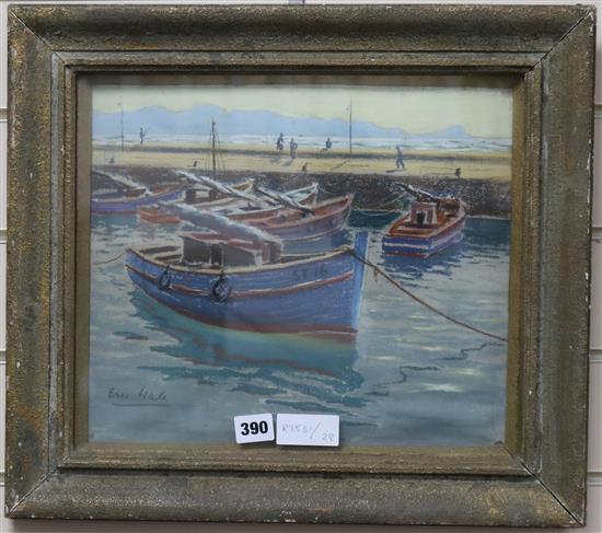 Eric Wale (South African, late 20th century), pastels on paper, Harbour with figure, boats at anchor, signed, 29 x 34cm